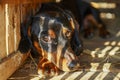 Cute Dachshund Dog Lying Down Under Wooden Chair Sunlight Pet Relaxation Domestic Life Concept