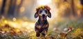 A cute dachshund dog running on the grassy sunny road in a forest in the afternoon sunset. A flower halo in the dog\'s head.