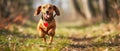 A cute dachshund dog running on the green grass in a sunny path in a forest in the afternoon sunset with a heart-shaped pendant Royalty Free Stock Photo