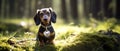 Cute dachshund dog sitting in the grass of a sunlit clearing of a forest. A heart-shaped pendant hangs around the dog\'s neck Royalty Free Stock Photo