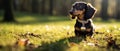 A cute dachshund dog sitting on the green grass in a sunny clearing of a forest in the afternoon sunset. Daytime outdoor shot Royalty Free Stock Photo