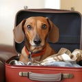 Cute dachshund dog sitting in open suitcase with clothes and summer leisure items. Traveling with pets, preparing for a