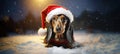 A cute dachshund dog standing chest deep in the snow, looking into the camera, wearing Santa Claus? hat.