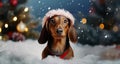 A cute dachshund dog standing chest deep in the snow, looking into the camera, wearing Santa Claus\' hat. Royalty Free Stock Photo
