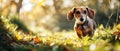 A cute dachshund dog walking on the green grass of a sunny path in a forest in the afternoon sunset. Royalty Free Stock Photo