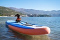 Cute dachshund dog wearing orange life jacket standing on SUP-board as skilled surfer on sea water on sunny day close Royalty Free Stock Photo