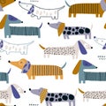 Cute dachshund pattern. Hand drawn seamless texture with dogs. Vector illustration