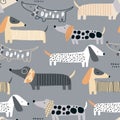 Cute dachshund pattern. Hand drawn seamless texture with dogs. Vector illustration