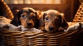 Cute dachshund puppies sitting in a basket Royalty Free Stock Photo