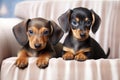 Cute dachshund puppies on sofa, on light background, and tabby kitten on a white sofa, AI Generated
