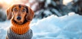 A cute dachshund puppy in a cozy warm sweater walks in a snowy winter park. Dressed pet in a cold environment. Christmas