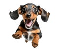 Cute dachshund puppy jumping. Playful dog cut out at background