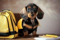 Cute dachshund puppy, school uniform , sits on desk