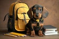 Cute dachshund puppy, school uniform , sits on desk