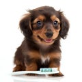 Cute dachshund puppy sitting with a toothbrush Royalty Free Stock Photo