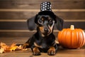 Cute dachshund puppy with a top hat, pumpkin and maple leaves. Generative AI Royalty Free Stock Photo