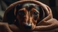 A dachshund puppy snuggled up in a blanket created with Generative AI