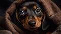 A dachshund puppy snuggled up in a blanket created with Generative AI