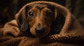 A dachshund puppy snuggled up in a blanket created with Generative AI