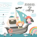 Cute dad and kids sailing at their ship