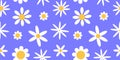 Cute daisy pattern, spring flowers. Summer floral chamomile print, white and yellow bloom on purple. Decor textile Royalty Free Stock Photo