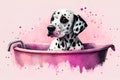 Cute dalmatian dog puppy in a pink bathtub Royalty Free Stock Photo