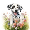 A cute dalmatian dog standing behind a fence surrounded with flowers