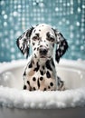 Cute dalmatian puppy in bath with foam and bubbles Royalty Free Stock Photo