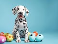 Cute dalmatian puppy and colorful painted easter eggs. Concept of happy easter day Royalty Free Stock Photo