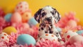 Cute dalmatian puppy and easter eggs on colorful background Royalty Free Stock Photo