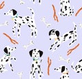 Cute Dalmatian seamless pattern. Background with a playful puppy.