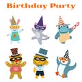 Cute dancing animals on birthday masquerade party