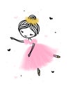 Cute dancing ballerina in pink transparent skirt. Hand drawn cartoon with adorable little ballet dancer. Simple vector Royalty Free Stock Photo