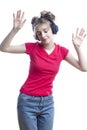Cute Dancing Blond Girl in Casual Clothing Posing In Headphones in Various Dance Positions Over White Royalty Free Stock Photo