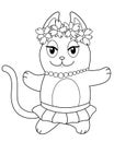 Cute dancing cat in a wreath and a ballet tutu. Kitty ballerina vector linear picture for coloring. Outline. Cute cartoon cat