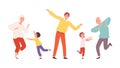 Cute dancing family. Elderly adult and children dencers characters. Happy grandparents and kids vector illustration