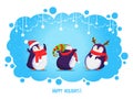 Cute dancing penguins in funny hats and red scarves. Merry Christmas greeting card