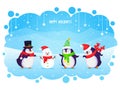 Cute dancing penguins and snowman in funny hats and scarves. Merry Christmas greeting card. New year vector illustration with text