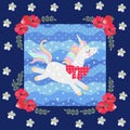 Cute dancing unicorn on blue polka dot background in beautiful floral frame. Patchwork pattern. Beautiful collection