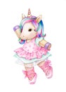 Cute, dancing unicorn, isolated on white. Watercolor illustration