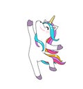 Cute dancing unicorn vector background isolated on white. Cool patch illustration