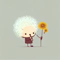 cute dandelion cartoon character gives flowers, cartoon style, modern simple illustration