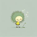 cute dandelion cartoon character grabs his head, cartoon style, modern simple illustration