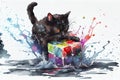 Cute dark furry cat playing with colourful rubiks cube on the ocean