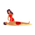 Cute lifeguard girl in red swimsuit doing first aid to drowning man. Vector illustration in flat cartoon style.