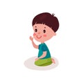 Cute dark haired little boy sitting on the floor, kid learning and playing colorful cartoon vector Illustration