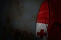 cute dark image of Tonga flag with large folds on rusty metal with empty space for your content - any celebration flag 3d