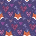 Cute dark pattern with fox heads and hearts