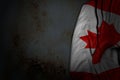 nice labor day flag 3d illustration - dark picture of Canada flag with big folds on rusty metal with free space for your text