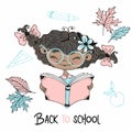 Cute dark-skinned girl with pigtails reading a book. Back to school. Vector